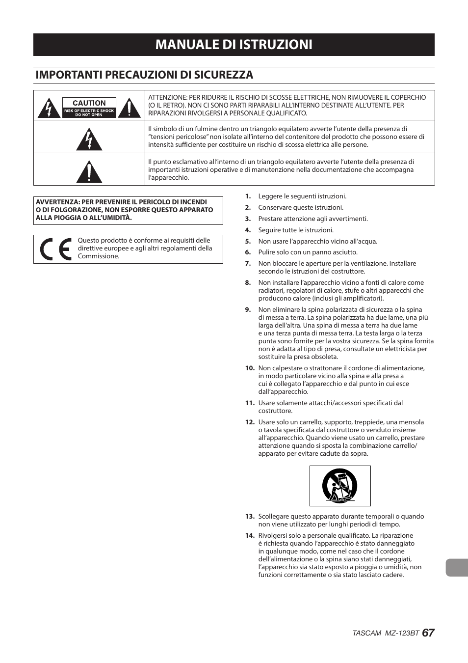 Italiano, Importanti precauzioni di sicurezza, Manuale di istruzioni | Tascam MZ-123BT Multi-Zone Audio Mixer with Bluetooth User Manual | Page 67 / 104