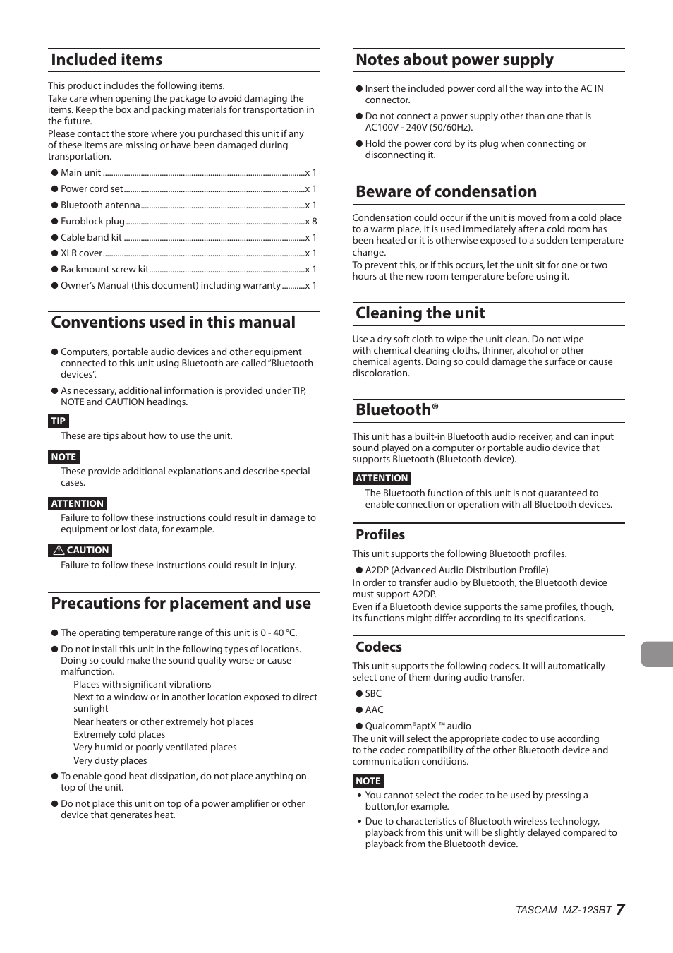 Included items, Conventions used in this manual, Precautions for placement and use | Notes about power supply, Beware of condensation, Cleaning the unit, Bluetooth, Profiles, Codecs, Profiles codecs | Tascam MZ-123BT Multi-Zone Audio Mixer with Bluetooth User Manual | Page 7 / 104