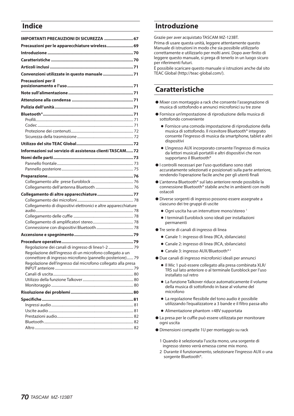 Introduzione, Caratteristiche, Indice | Tascam MZ-123BT Multi-Zone Audio Mixer with Bluetooth User Manual | Page 70 / 104