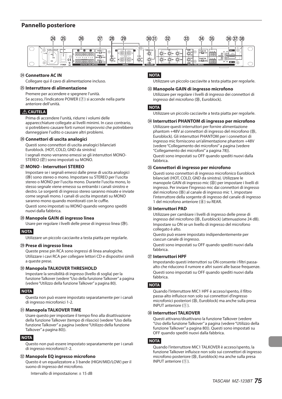 Pannello posteriore | Tascam MZ-123BT Multi-Zone Audio Mixer with Bluetooth User Manual | Page 75 / 104