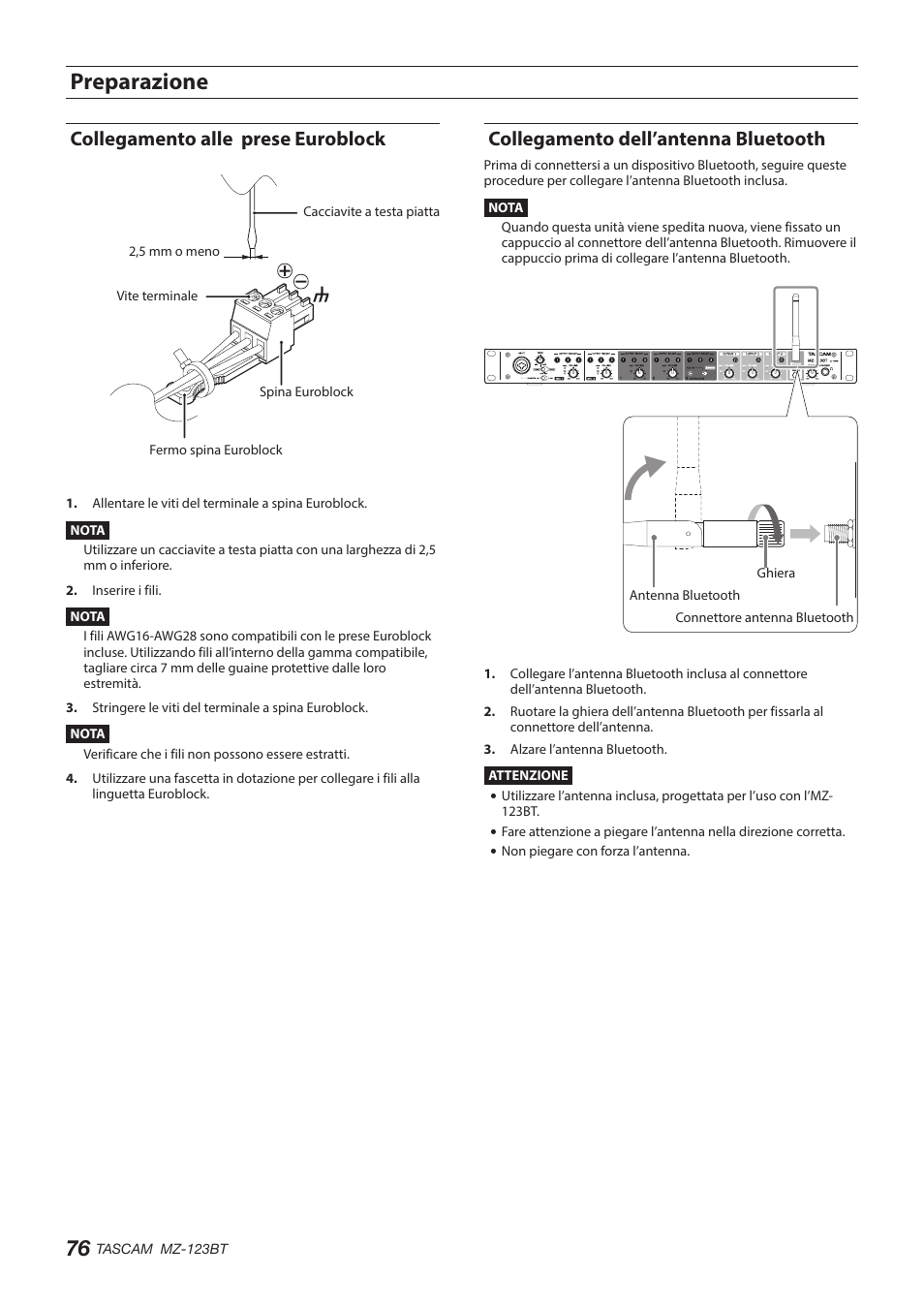 Preparazione, Collegamento alle prese euroblock, Collegamento dell’antenna bluetooth | Tascam MZ-123BT Multi-Zone Audio Mixer with Bluetooth User Manual | Page 76 / 104