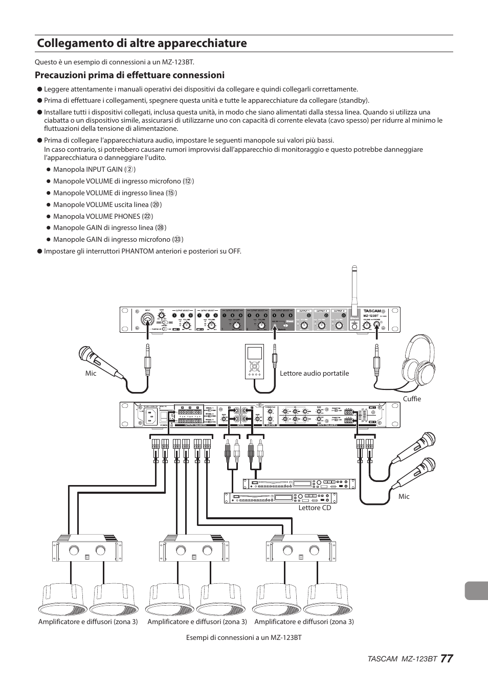 Collegamento di altre apparecchiature, Precauzioni prima di effettuare connessioni | Tascam MZ-123BT Multi-Zone Audio Mixer with Bluetooth User Manual | Page 77 / 104