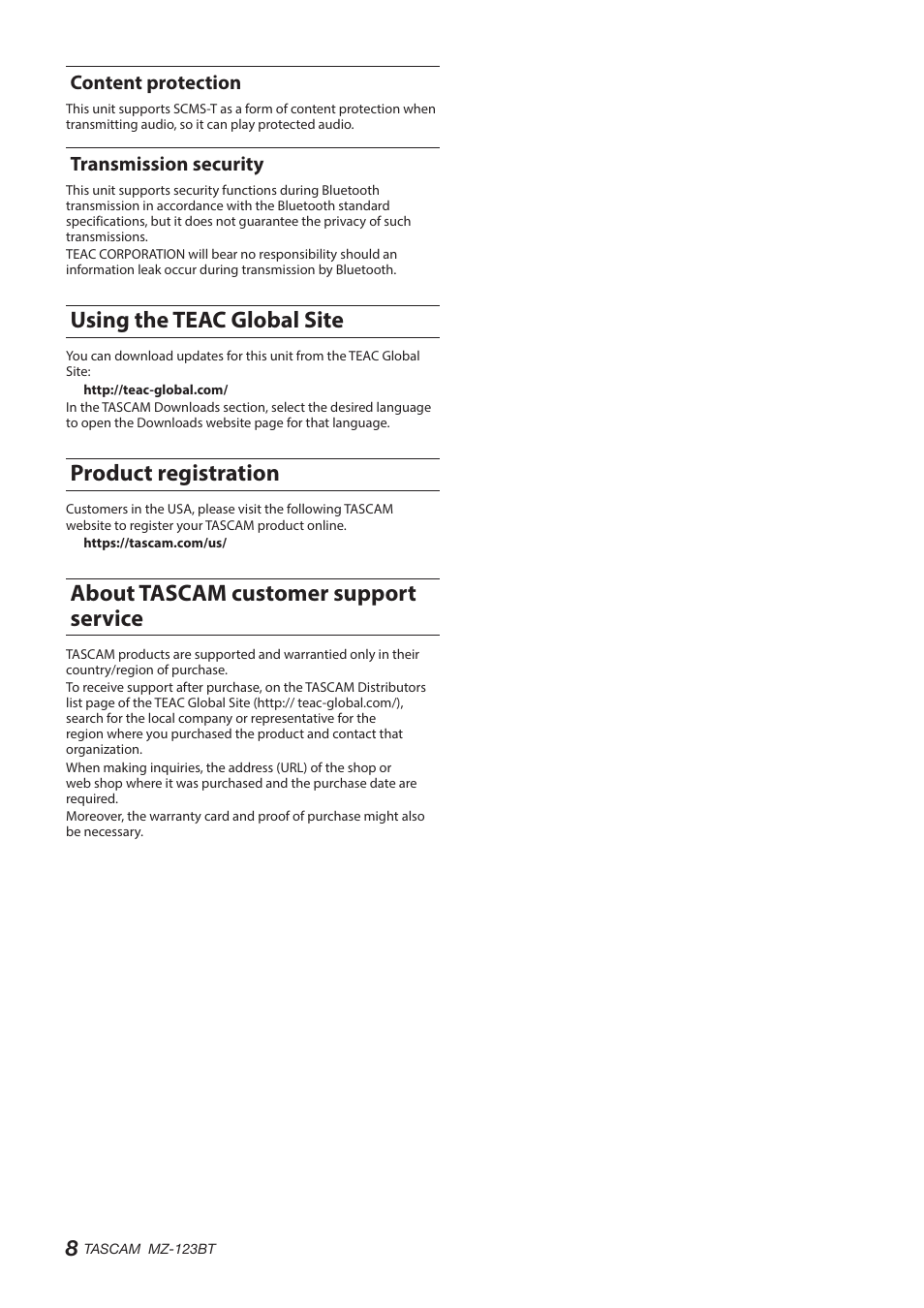 Content protection, Transmission security, Using the teac global site | Product registration, About tascam customer support service, Content protection transmission security | Tascam MZ-123BT Multi-Zone Audio Mixer with Bluetooth User Manual | Page 8 / 104