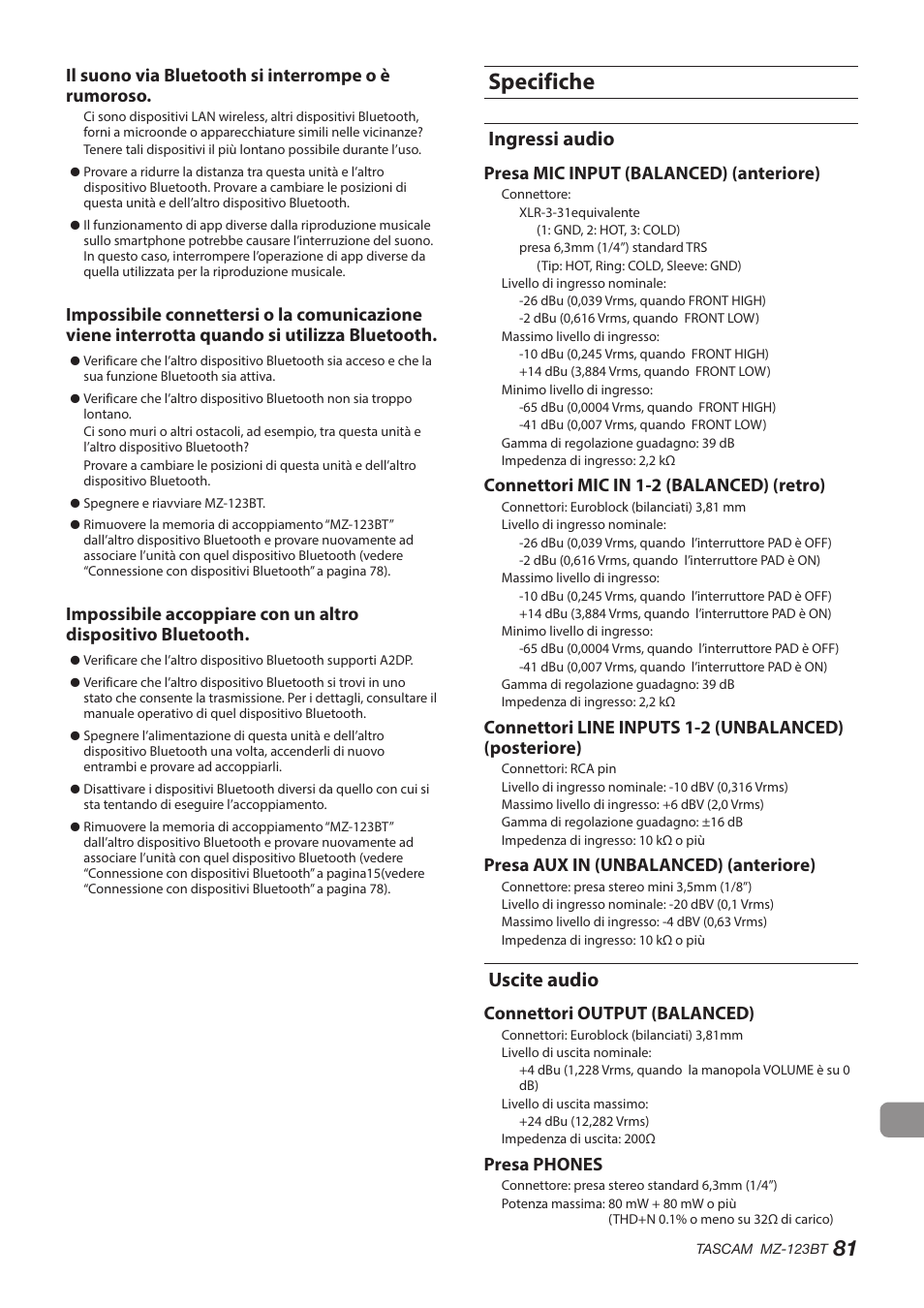 Specifiche, Ingressi audio, Uscite audio | Ingressi audio uscite audio, Il suono via bluetooth si interrompe o è rumoroso, Presa mic input (balanced) (anteriore), Connettori mic in 1-2 (balanced) (retro), Presa aux in (unbalanced) (anteriore), Connettori output (balanced), Presa phones | Tascam MZ-123BT Multi-Zone Audio Mixer with Bluetooth User Manual | Page 81 / 104