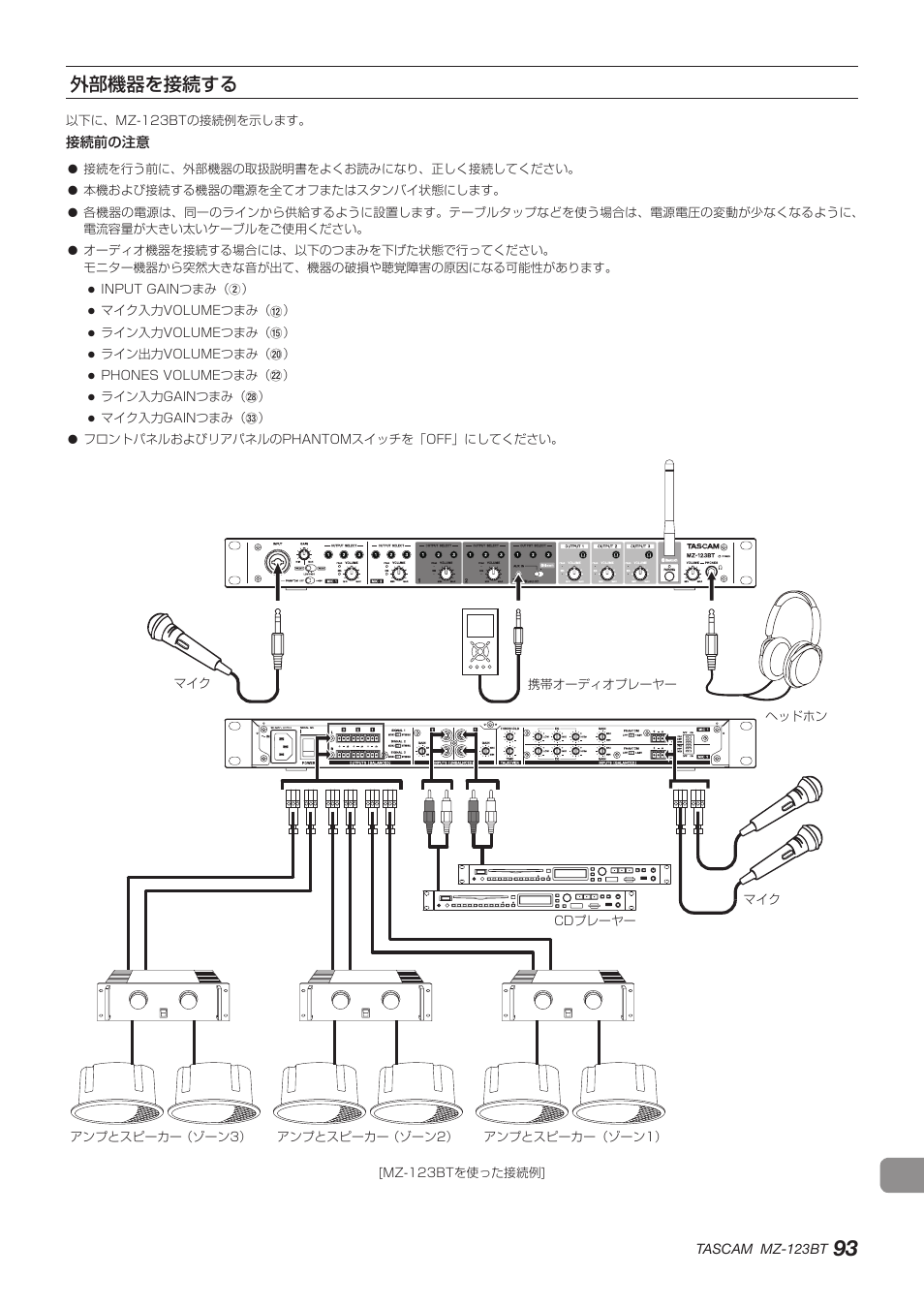 外部機器を接続する | Tascam MZ-123BT Multi-Zone Audio Mixer with Bluetooth User Manual | Page 93 / 104