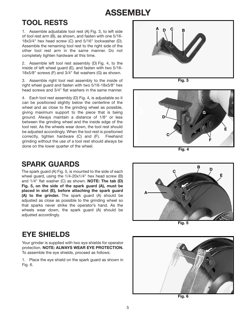 Assembly, Tool rests, Spark guards | Eye shields | Delta 23-592 User Manual | Page 5 / 9