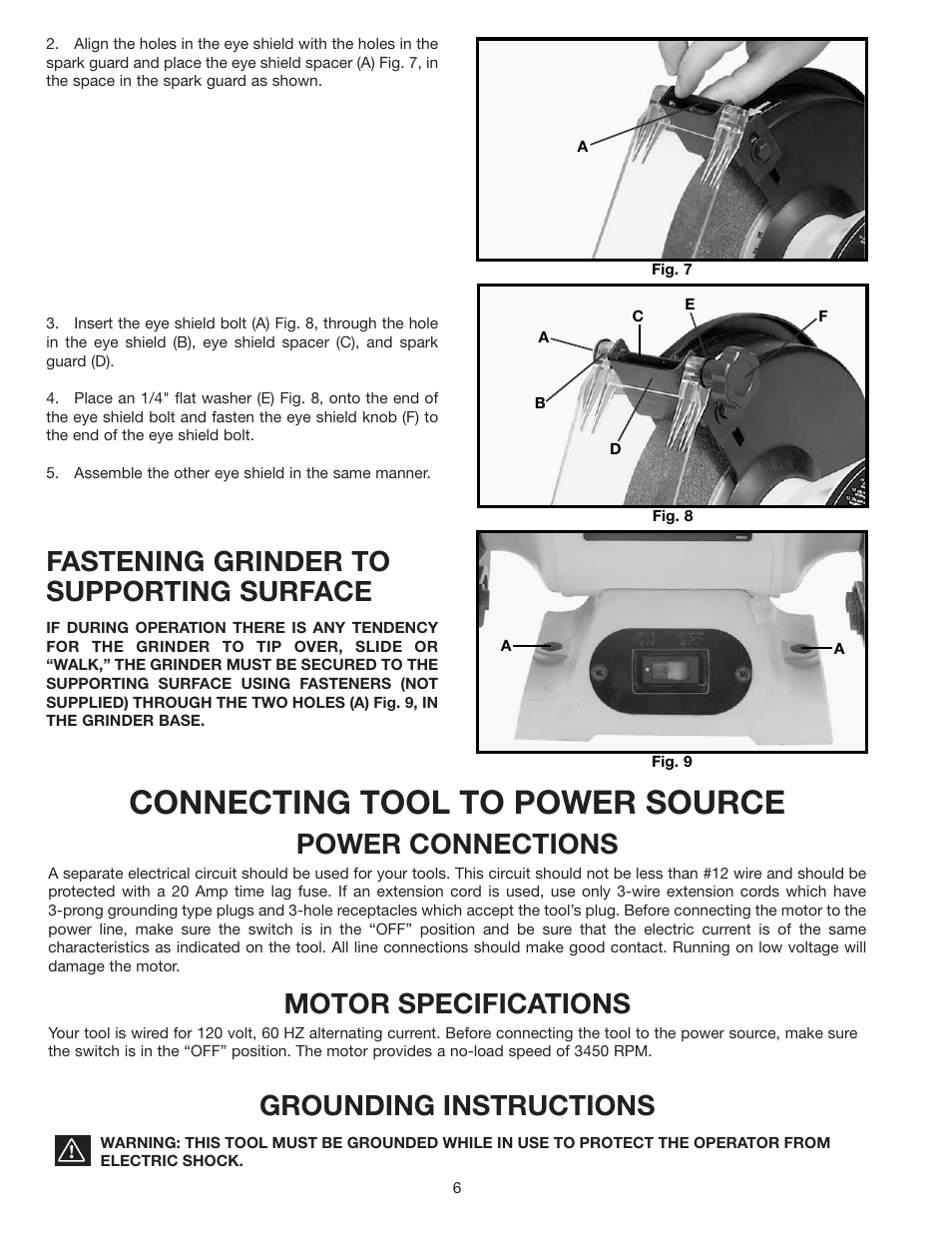 Connecting tool to power source, Fastening grinder to supporting surface, Power connections | Motor specifications, Grounding instructions | Delta 23-592 User Manual | Page 6 / 9
