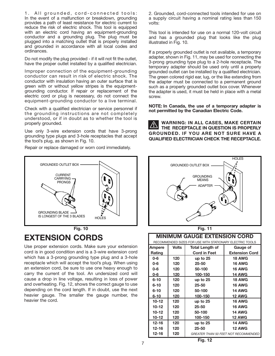 Extension cords, Minimum gauge extension cord | Delta 23-592 User Manual | Page 7 / 9