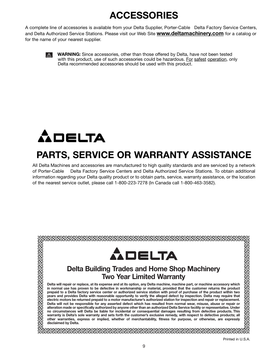 Parts, service or warranty assistance, Accessories | Delta 23-592 User Manual | Page 9 / 9