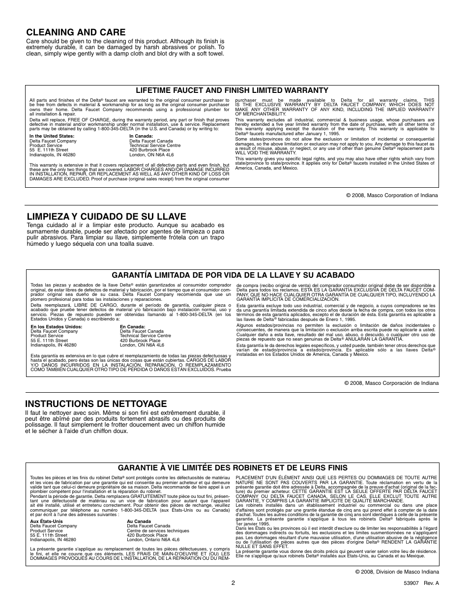 Cleaning and care, Instructions de nettoyage, Limpieza y cuidado de su llave | Lifetime faucet and finish limited warranty | Delta 4540 Series User Manual | Page 2 / 8