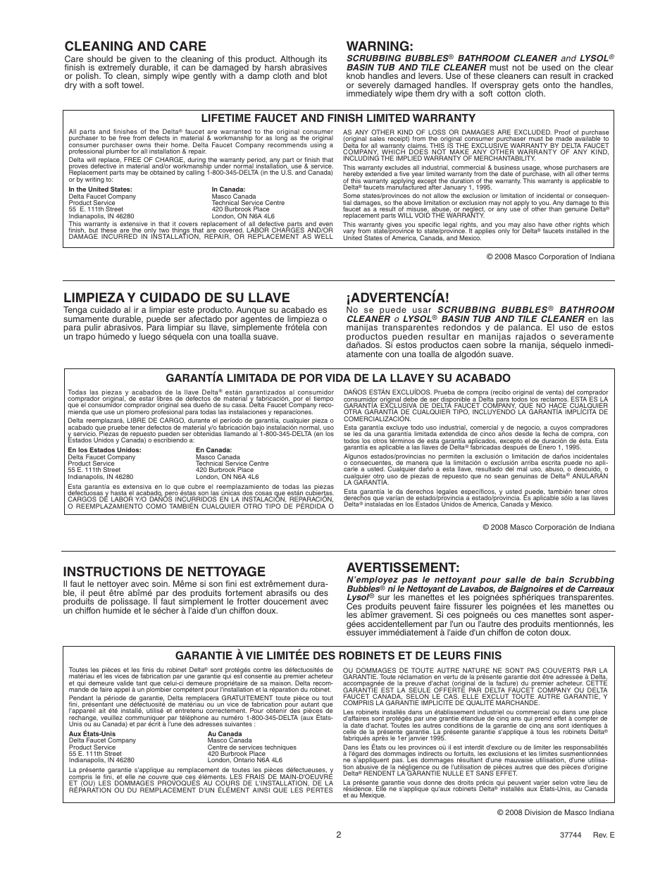 Cleaning and care, Warning, Instructions de nettoyage | Avertissement, Limpieza y cuidado de su llave, Advertencía, Lifetime faucet and finish limited warranty | Delta 1700 Series User Manual | Page 2 / 8