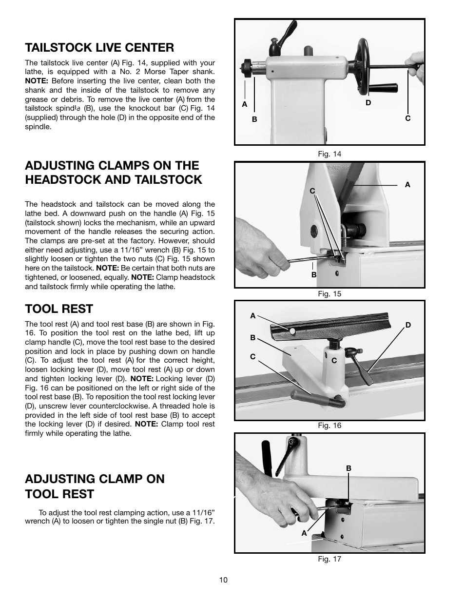 Tailstock live center, Tool rest, Adjusting clamps on the headstock and tailstock | Adjusting clamp on tool rest | Delta 46-765X User Manual | Page 10 / 24