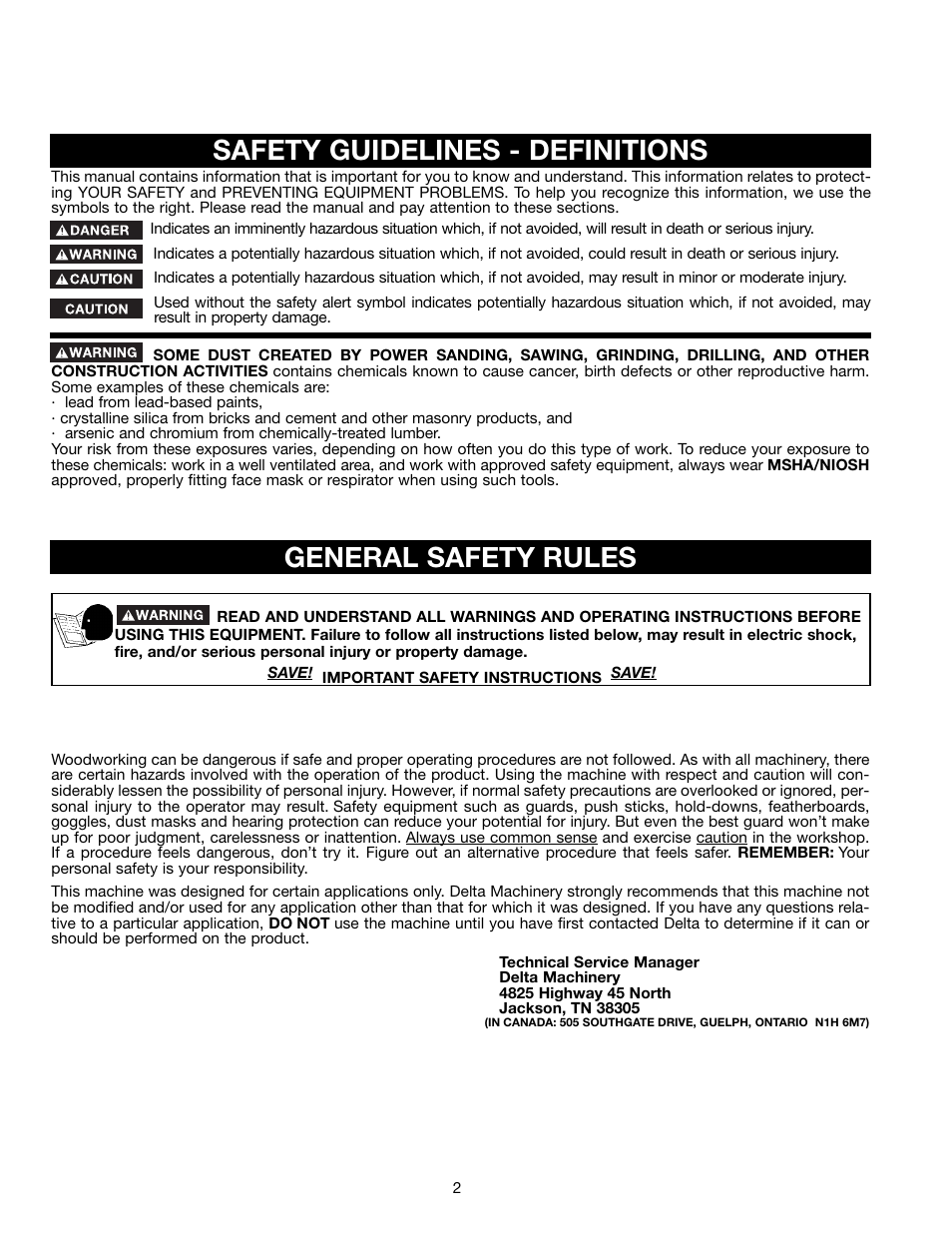 Safety guidelines - definitions, General safety rules | Delta 46-765X User Manual | Page 2 / 24