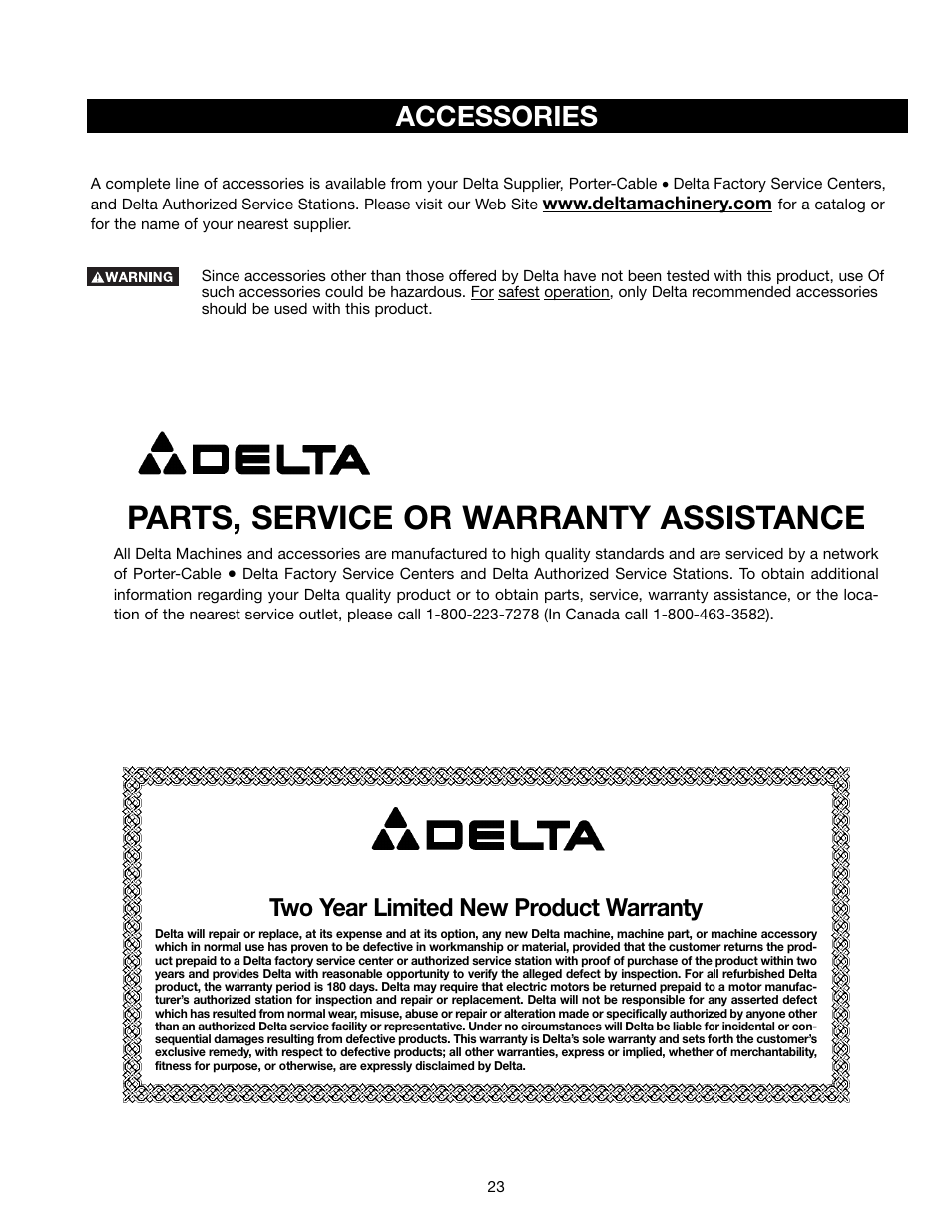 Parts, service or warranty assistance, Accessories, Two year limited new product warranty | Delta 46-765X User Manual | Page 23 / 24