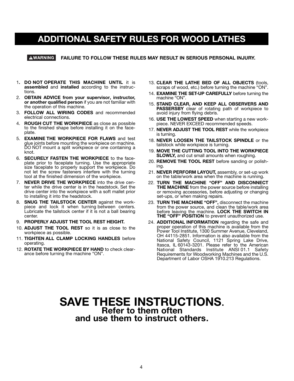 Save these instructions, Additional safety rules for wood lathes | Delta 46-765X User Manual | Page 4 / 24