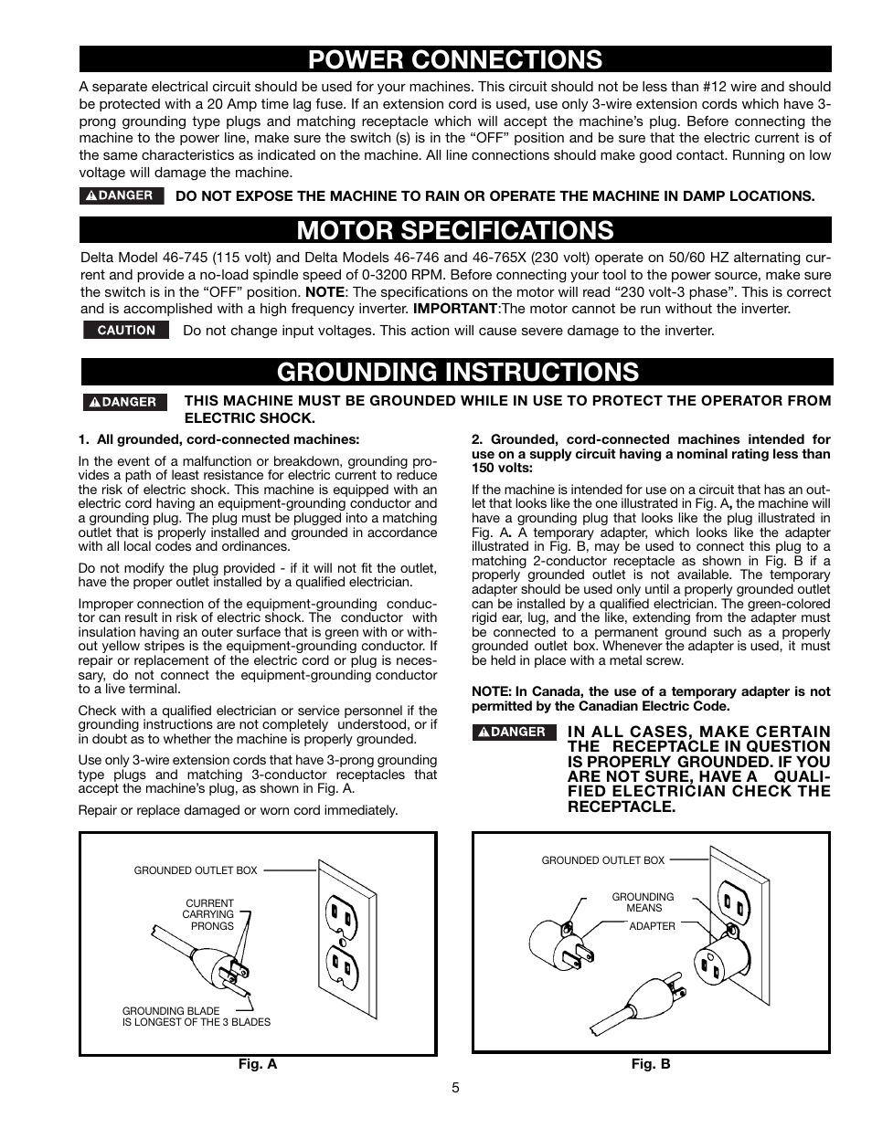 Power connections motor specifications, Grounding instructions | Delta 46-765X User Manual | Page 5 / 24