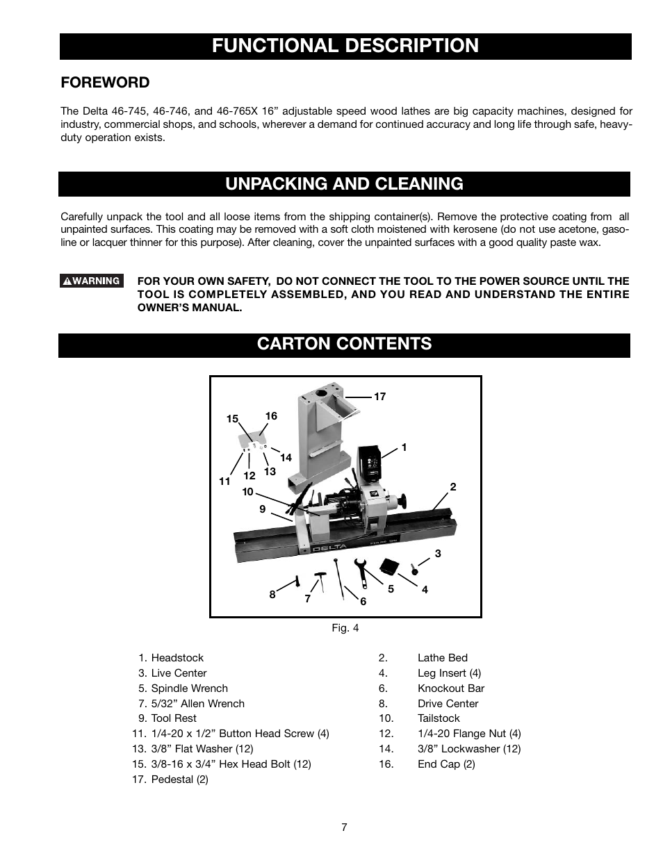 Functional description, Unpacking and cleaning carton contents, Foreword | Delta 46-765X User Manual | Page 7 / 24