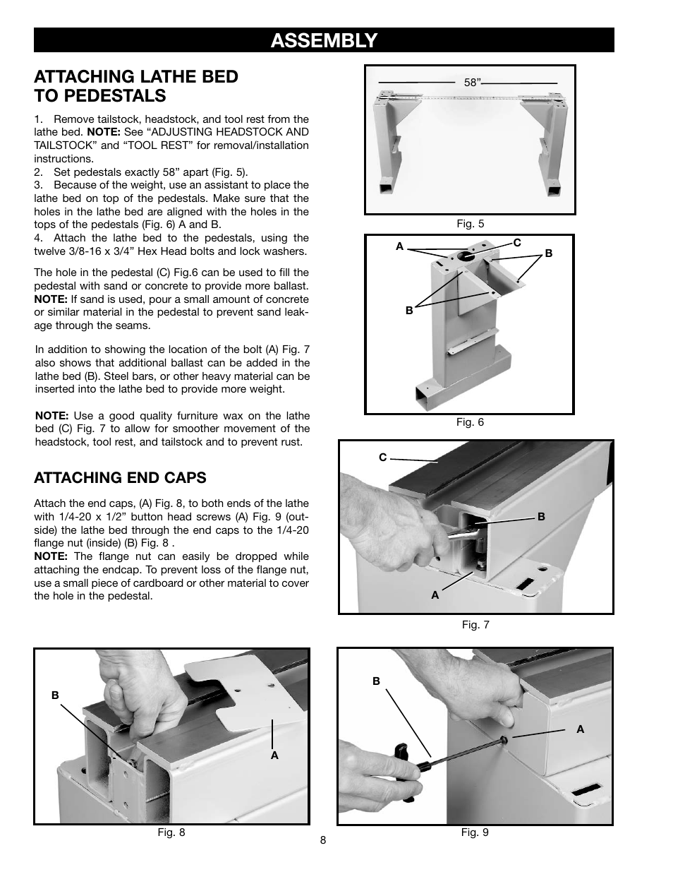 Assembly, Attaching lathe bed to pedestals, Attaching end caps | Delta 46-765X User Manual | Page 8 / 24