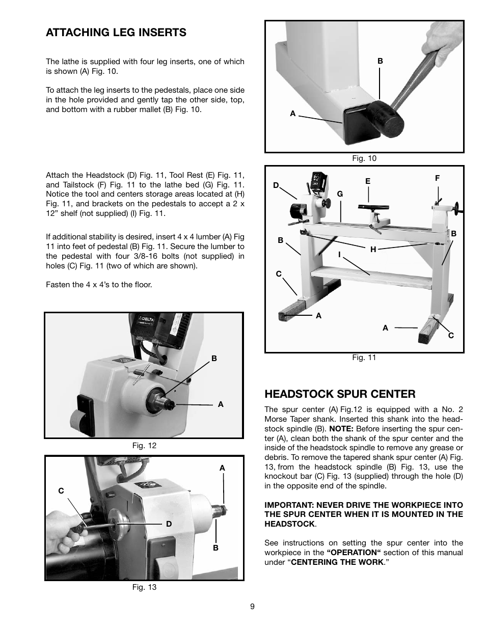 Attaching leg inserts, Headstock spur center | Delta 46-765X User Manual | Page 9 / 24