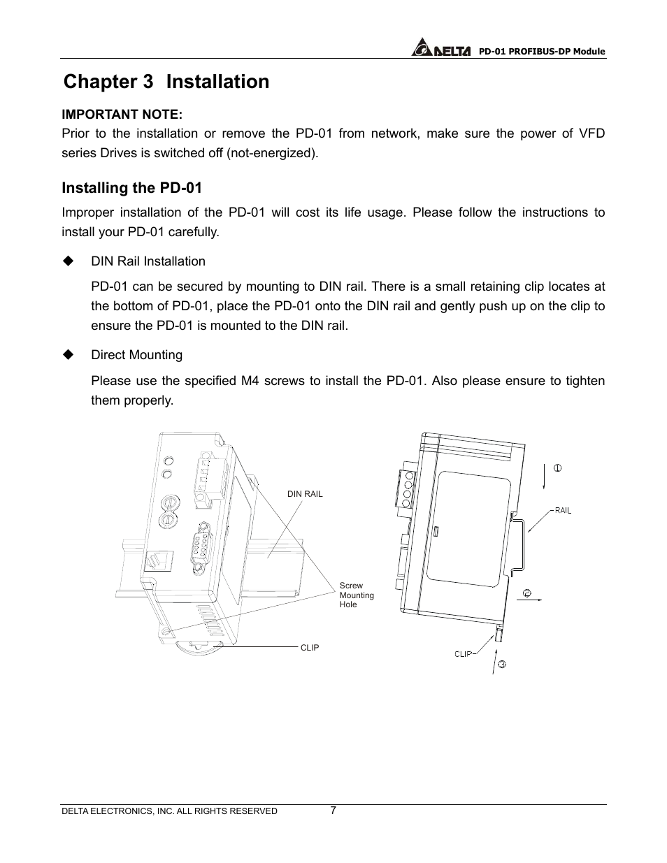 Chapter 3, Installation, Installing the pd-01 | Chapter 3 installation | Delta PROFIBUS-DP Module for VFD Series Drives PD-01 User Manual | Page 10 / 36