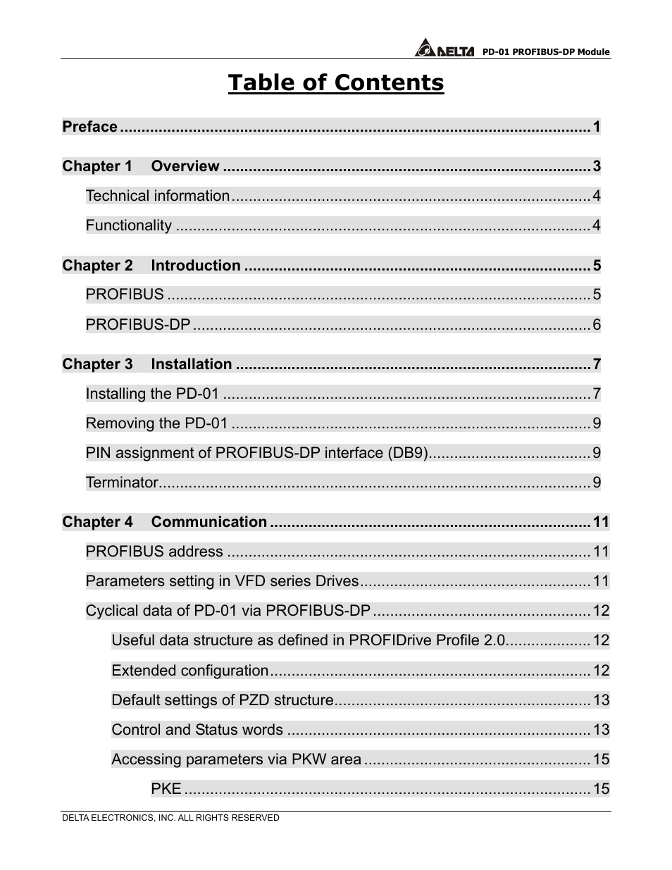 Delta PROFIBUS-DP Module for VFD Series Drives PD-01 User Manual | Page 2 / 36