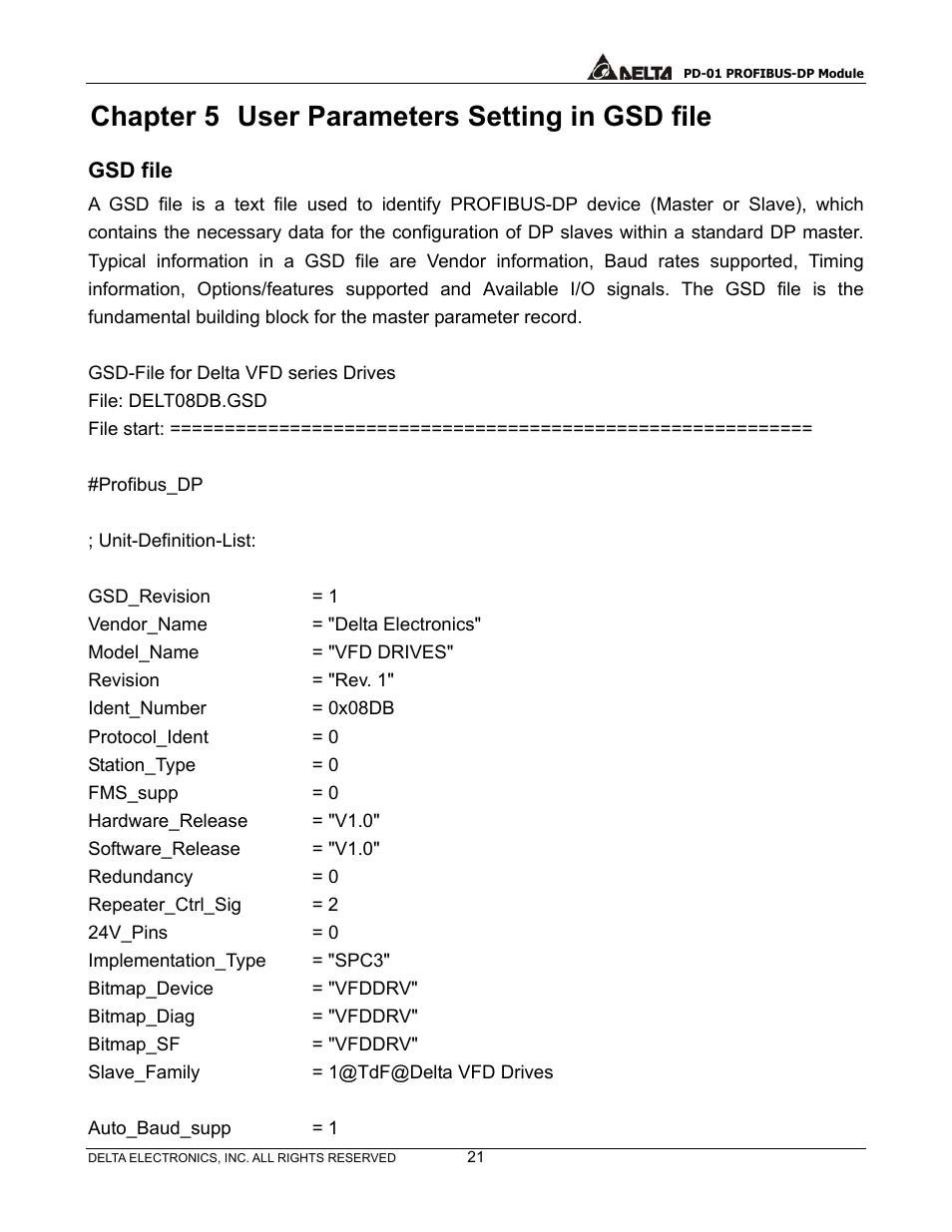 Chapter 5, User parameters setting in gsd file, Gsd file | Chapter 5 user parameters setting in gsd file | Delta PROFIBUS-DP Module for VFD Series Drives PD-01 User Manual | Page 24 / 36