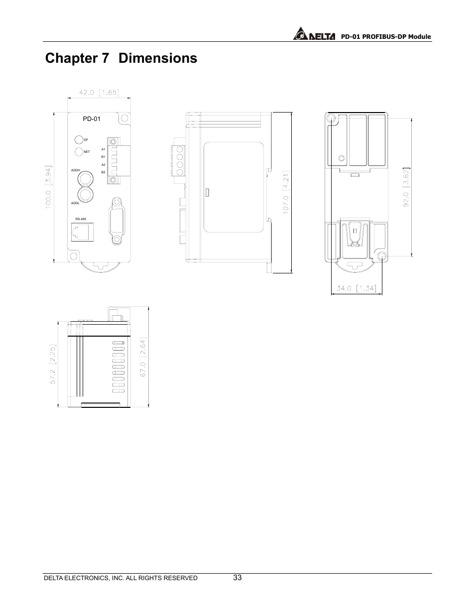 Chapter 7, Dimensions, Chapter 7 dimensions | Delta PROFIBUS-DP Module for VFD Series Drives PD-01 User Manual | Page 36 / 36