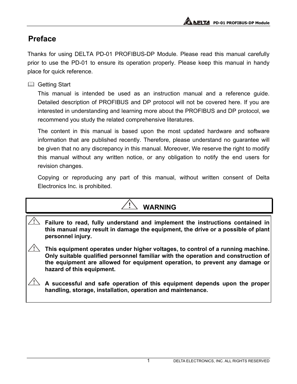 Preface, Warning | Delta PROFIBUS-DP Module for VFD Series Drives PD-01 User Manual | Page 4 / 36