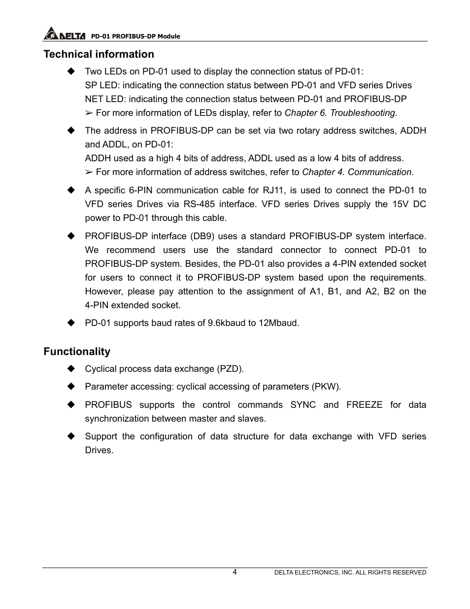 Technical information, Functionality | Delta PROFIBUS-DP Module for VFD Series Drives PD-01 User Manual | Page 7 / 36