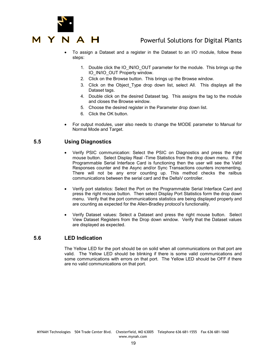 Powerful solutions for digital plants, 5 using diagnostics, 6 led indication | Delta Mynah PLC-5 User Manual | Page 20 / 26