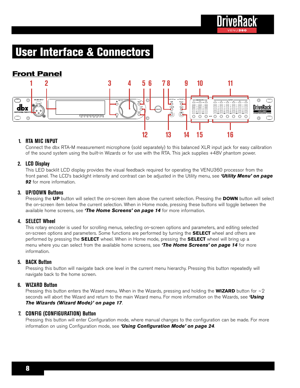 User interface & connectors, Front panel | dbx DriveRack VENU360 Loudspeaker Management System User Manual | Page 10 / 127