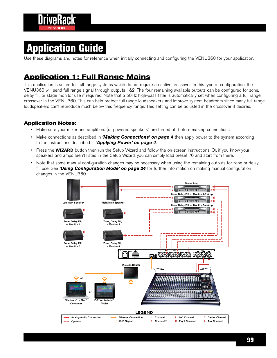 Application guide, Application 1: full range mains, Wizard | dbx DriveRack VENU360 Loudspeaker Management System User Manual | Page 101 / 127