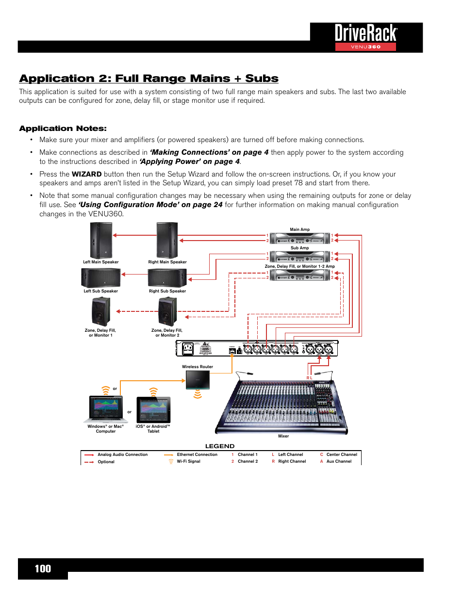 Application 2: full range mains + subs, 100 application 2: full range mains + subs, Wizard | dbx DriveRack VENU360 Loudspeaker Management System User Manual | Page 102 / 127