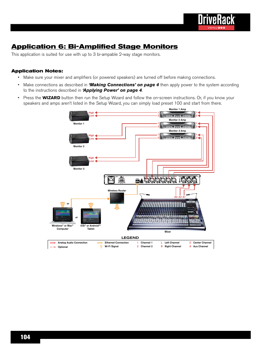 Application 6: bi-amplified stage monitors, 104 application 6: bi-amplified stage monitors, Wizard | dbx DriveRack VENU360 Loudspeaker Management System User Manual | Page 106 / 127