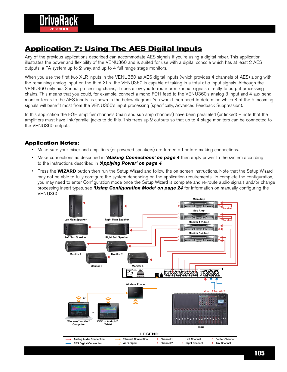 Application 7: using the aes digital inputs, 105 application 7: using the aes digital inputs, Wizard | dbx DriveRack VENU360 Loudspeaker Management System User Manual | Page 107 / 127