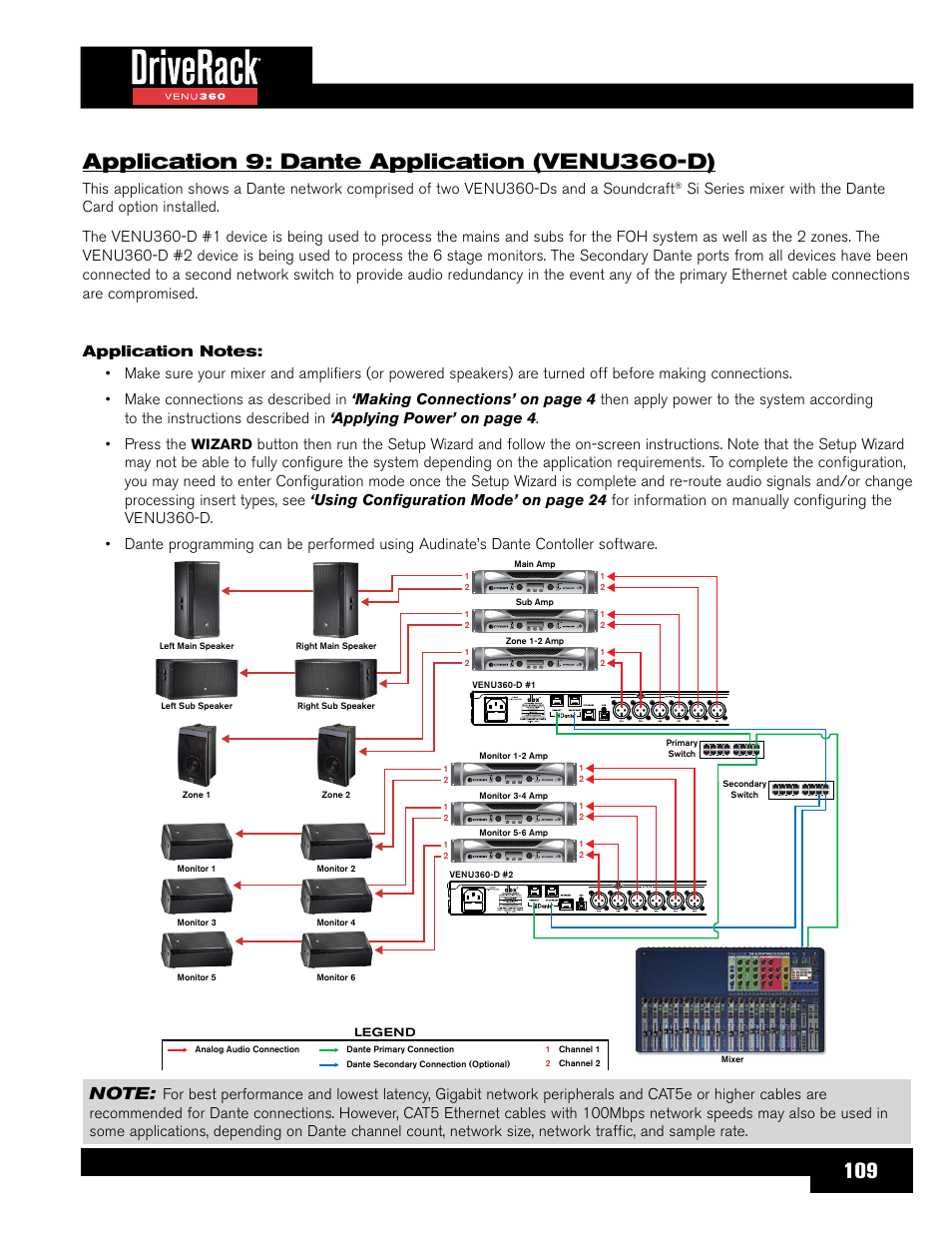 Application 9: dante application (venu360-d), For more information on connecting to the | dbx DriveRack VENU360 Loudspeaker Management System User Manual | Page 111 / 127