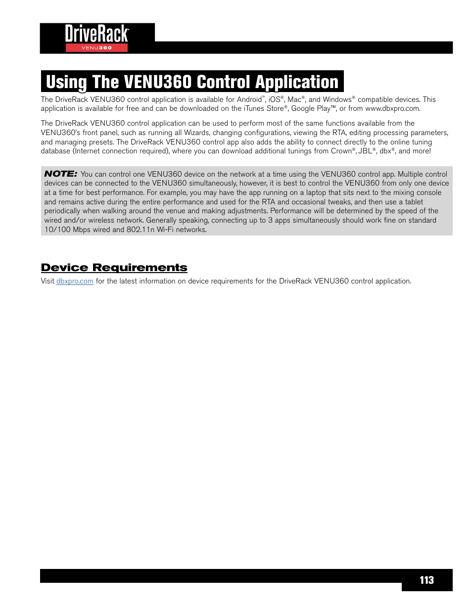 Using the venu360 control application, Device requirements | dbx DriveRack VENU360 Loudspeaker Management System User Manual | Page 115 / 127