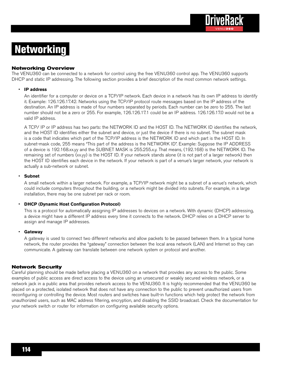 Networking, Networking overview, Network security | dbx DriveRack VENU360 Loudspeaker Management System User Manual | Page 116 / 127