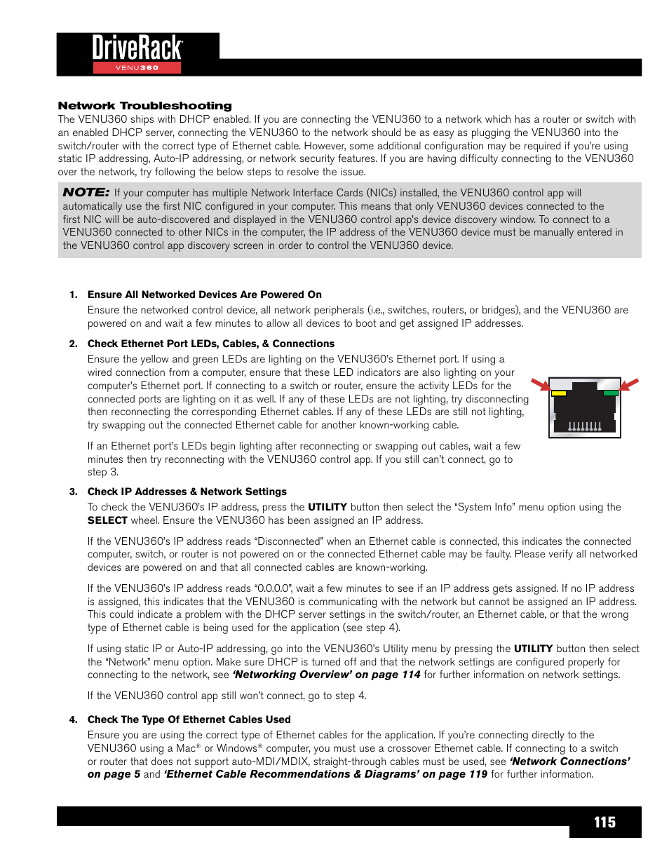 Network troubleshooting | dbx DriveRack VENU360 Loudspeaker Management System User Manual | Page 117 / 127