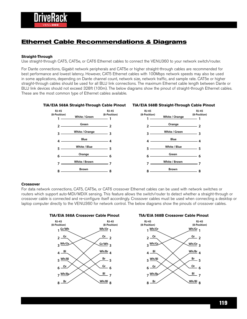 Ethernet cable recommendations & diagrams, Ethernet, Ethernet cable recommendations | 119 ethernet cable recommendations & diagrams | dbx DriveRack VENU360 Loudspeaker Management System User Manual | Page 121 / 127