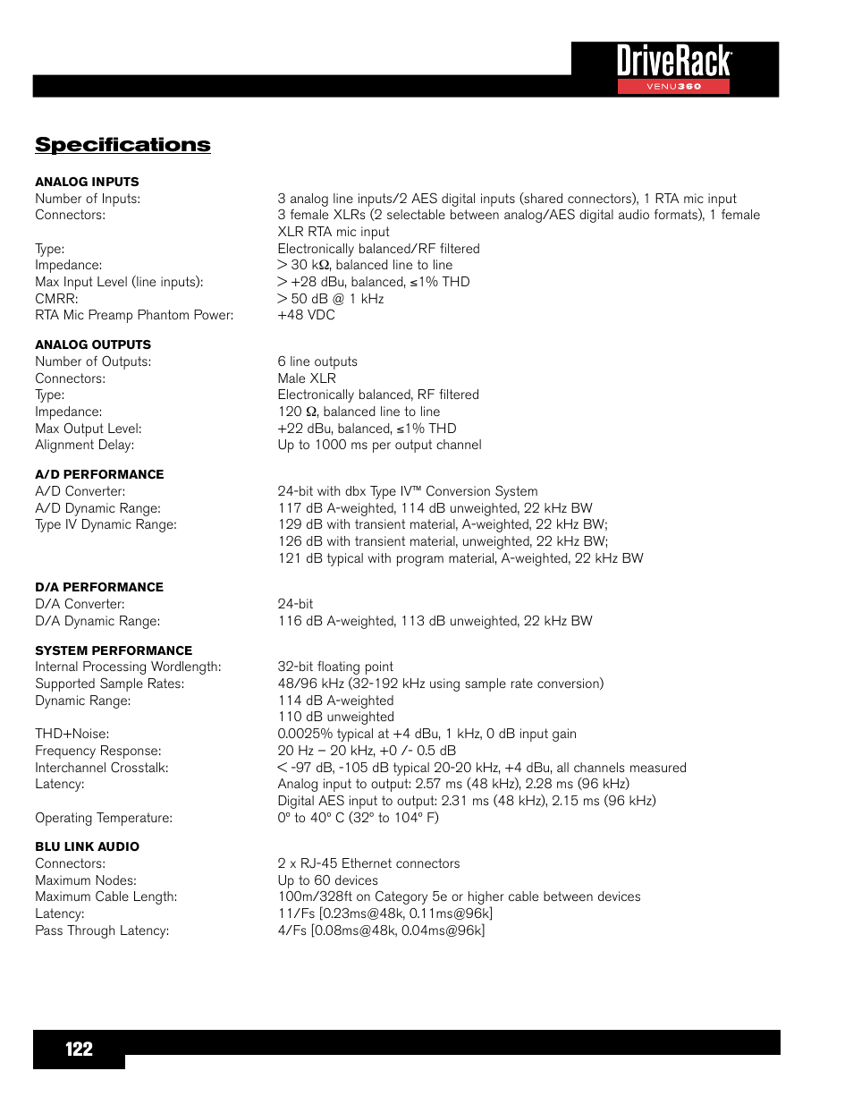 Specifications, 122 specifications | dbx DriveRack VENU360 Loudspeaker Management System User Manual | Page 124 / 127