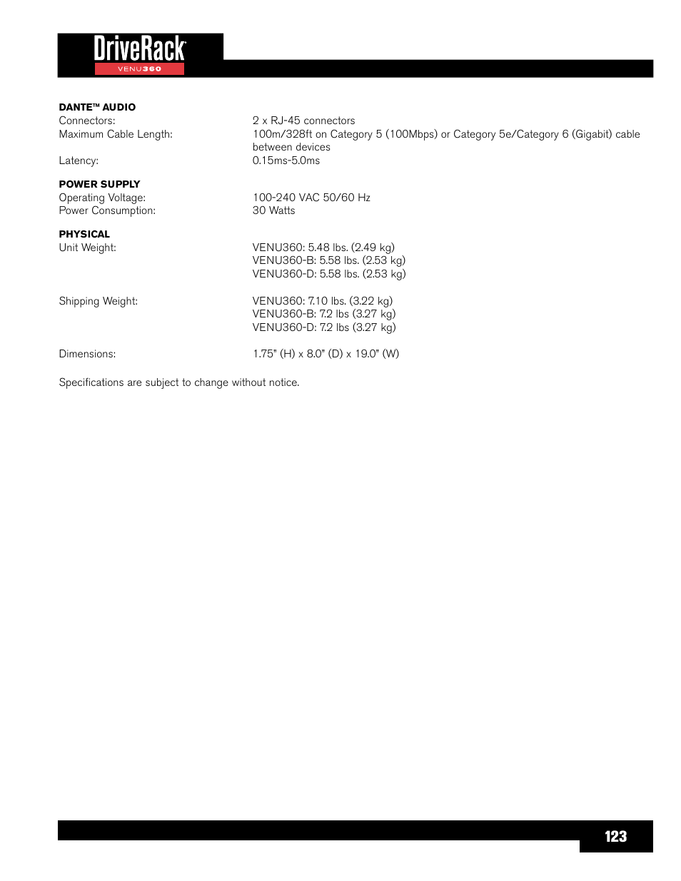 dbx DriveRack VENU360 Loudspeaker Management System User Manual | Page 125 / 127