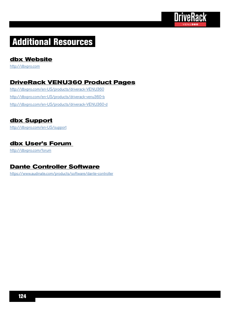 Additional resources | dbx DriveRack VENU360 Loudspeaker Management System User Manual | Page 126 / 127