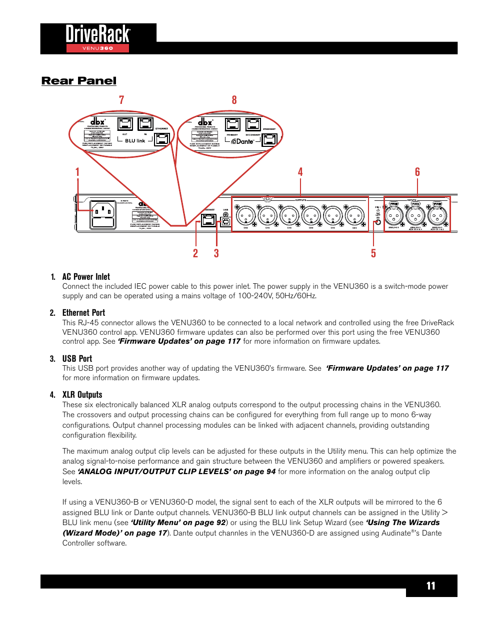 Rear panel, 11 rear panel | dbx DriveRack VENU360 Loudspeaker Management System User Manual | Page 13 / 127