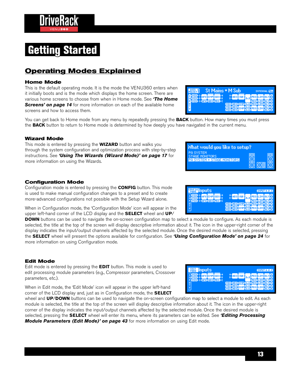 Getting started, Operating modes explained | dbx DriveRack VENU360 Loudspeaker Management System User Manual | Page 15 / 127