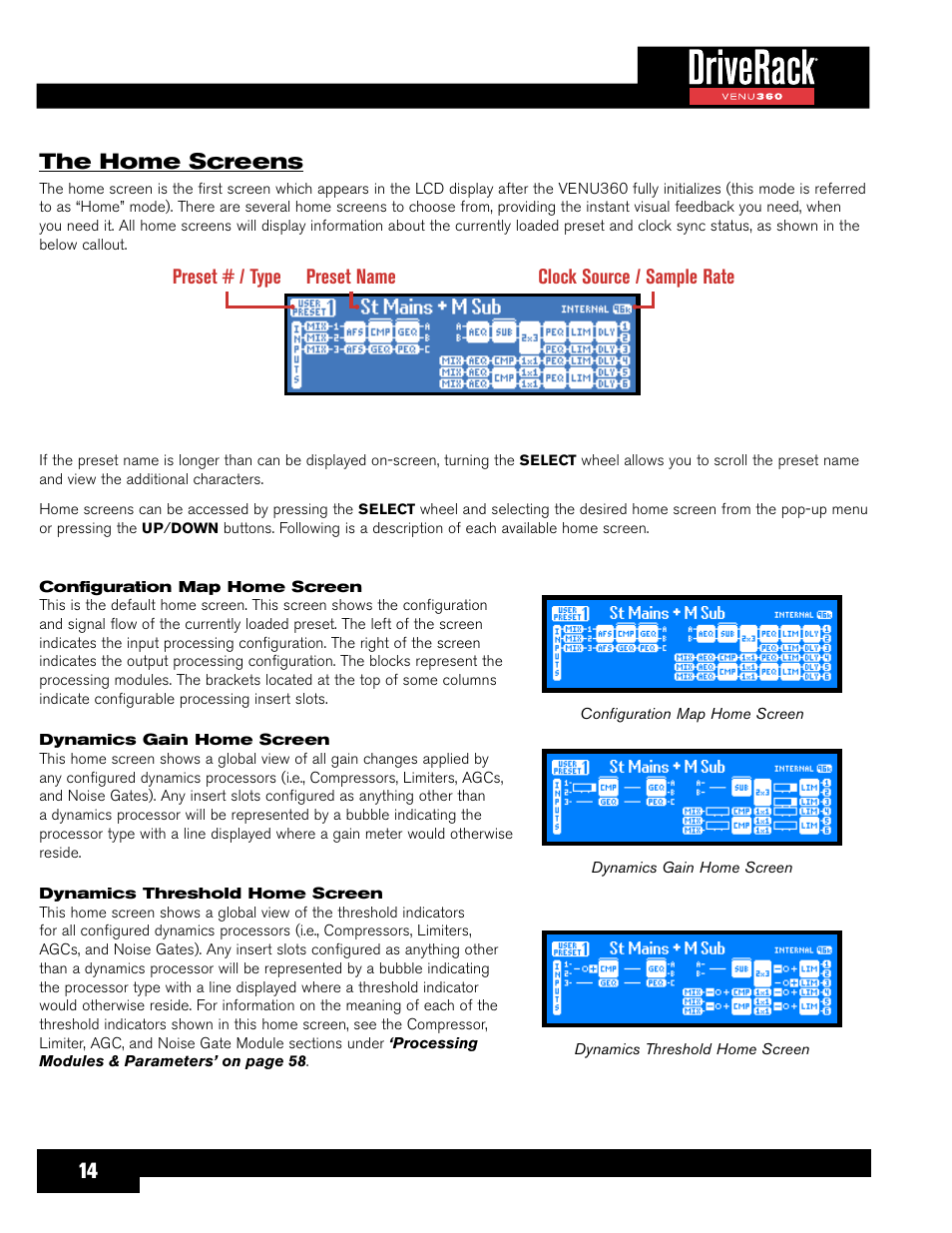 The home screens, Available home screens, see, Hoose from when in home mode. see | The home, 14 the home screens | dbx DriveRack VENU360 Loudspeaker Management System User Manual | Page 16 / 127