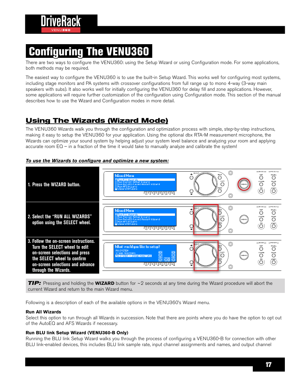 Configuring the venu360, Using the wizards (wizard mode), Izards, see | Using, Using the wizards, Izard (see | dbx DriveRack VENU360 Loudspeaker Management System User Manual | Page 19 / 127