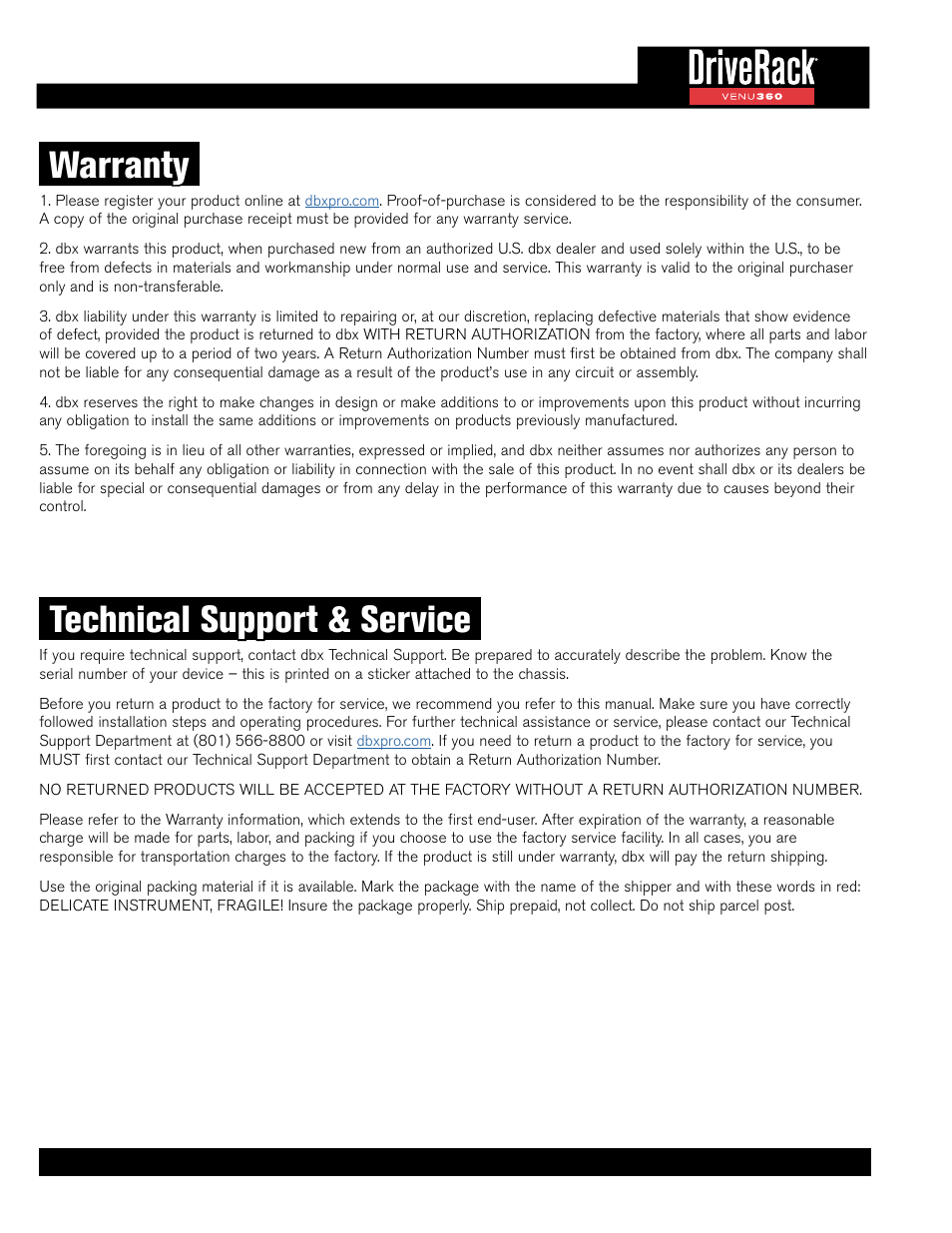 Warranty, Technical support & service | dbx DriveRack VENU360 Loudspeaker Management System User Manual | Page 2 / 127