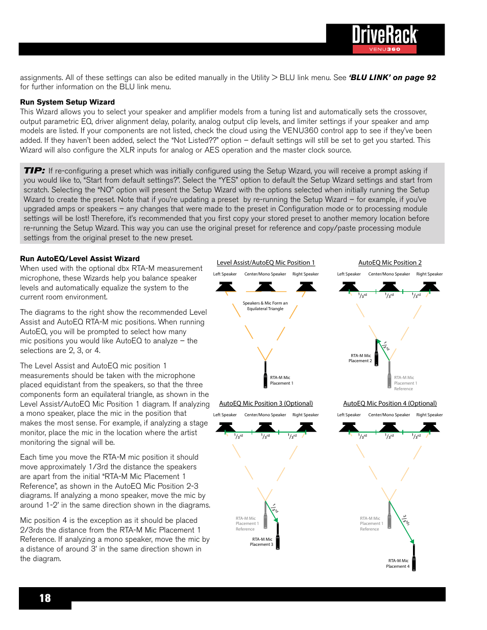 Run system setup wizard, Run autoeq/level assist wizard | dbx DriveRack VENU360 Loudspeaker Management System User Manual | Page 20 / 127