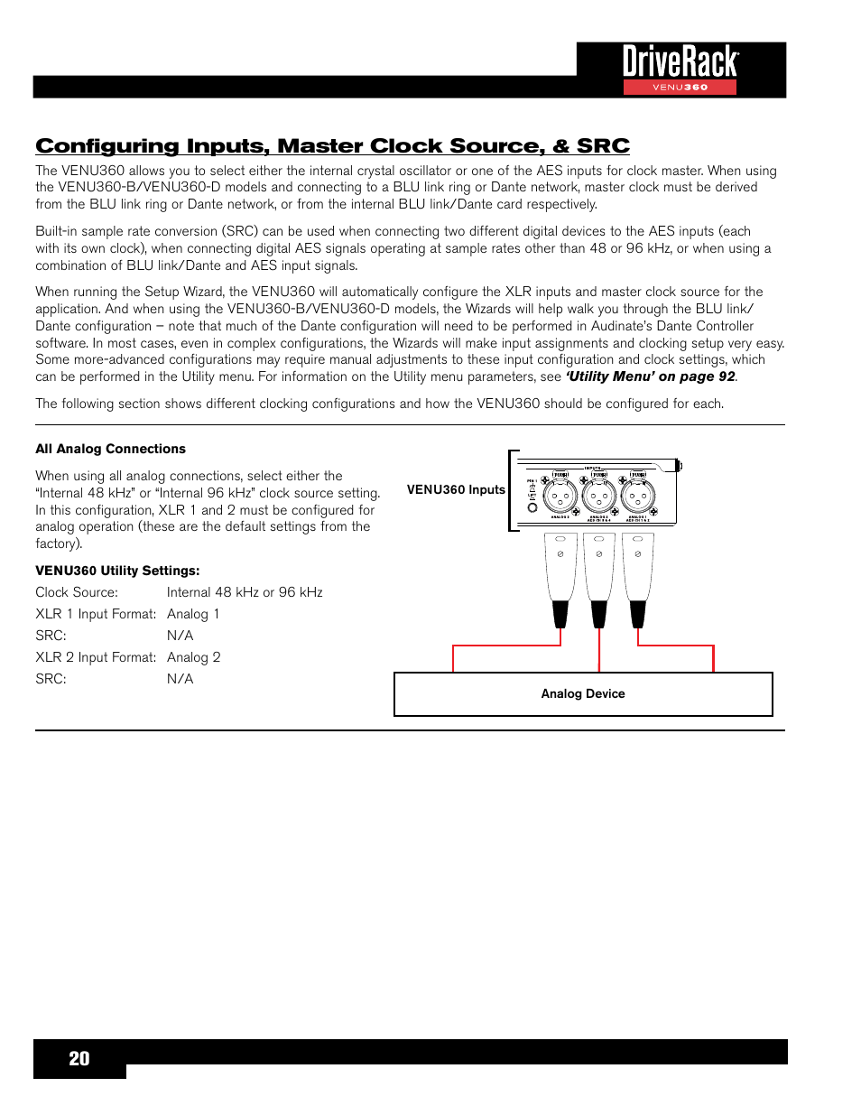 Configuring inputs, master clock source, & src, 20 configuring inputs, master clock source, & src | dbx DriveRack VENU360 Loudspeaker Management System User Manual | Page 22 / 127